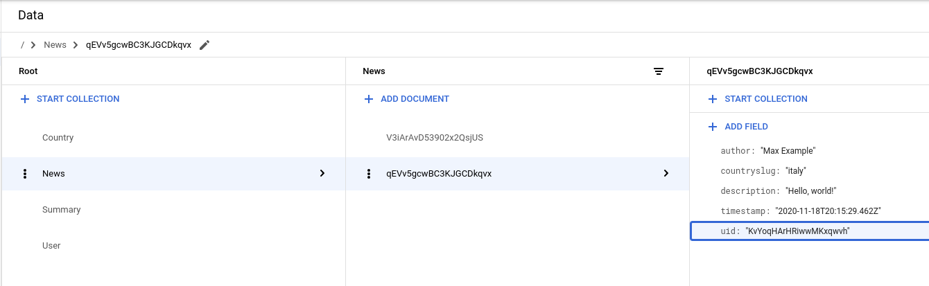 Screenshot of Cloud Firestore Viewer showing News collection with newly created document
