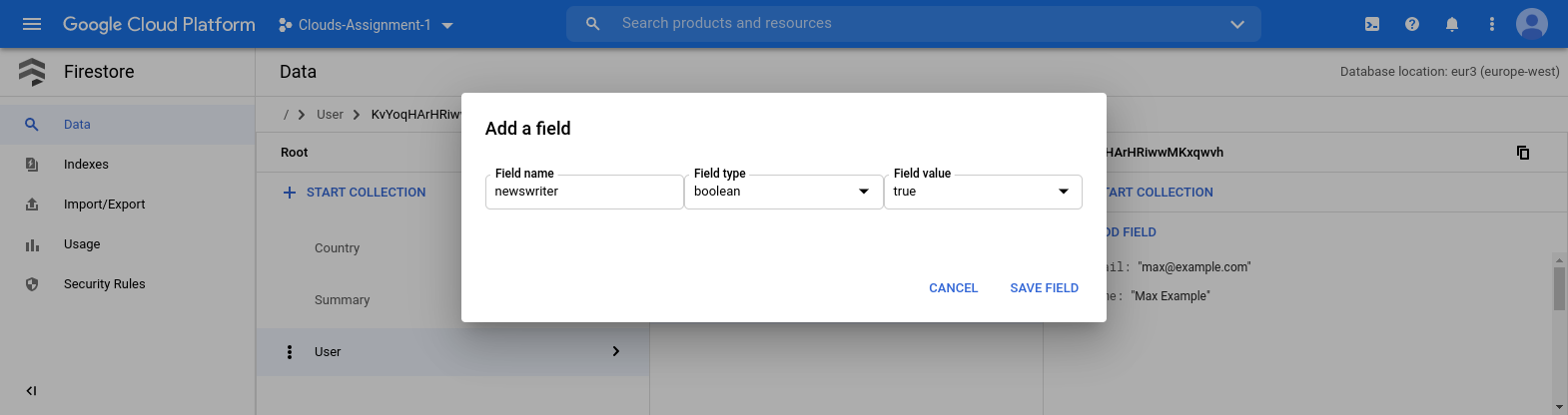 Screenshot of setting the newswriter attribute to true for the user account in Cloud Firestore Viewer