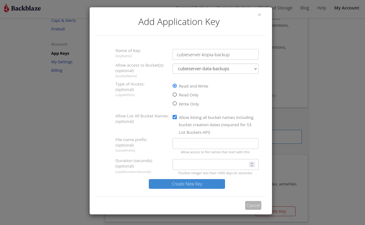 Adding a new application key for accessing the Backblaze B2 bucket
