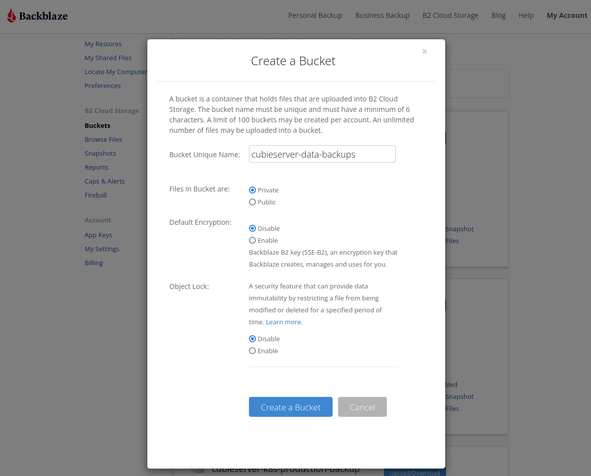 Creating a new bucket in the Backblaze B2 Web UI