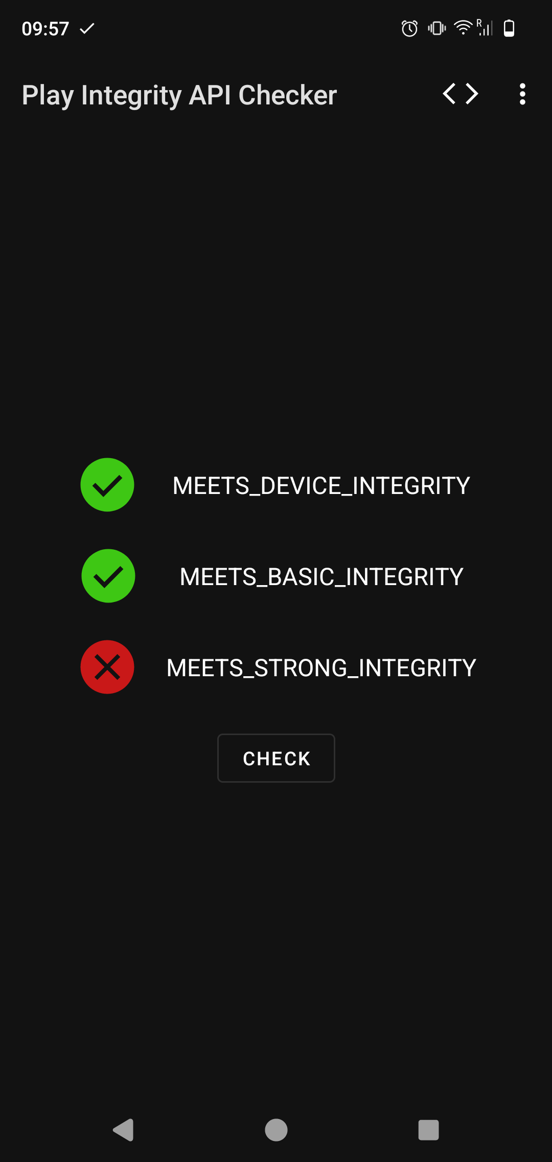 Result of Play Integrity API checker app